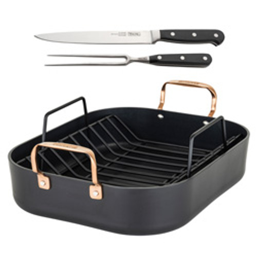 Viking 3-Ply Copper 16 X 13 inch Roaster with 2 Piece Carving Set