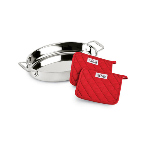 All-Clad Stainless Steel Oval Roaster + 2 Pot Holders Gift Set
